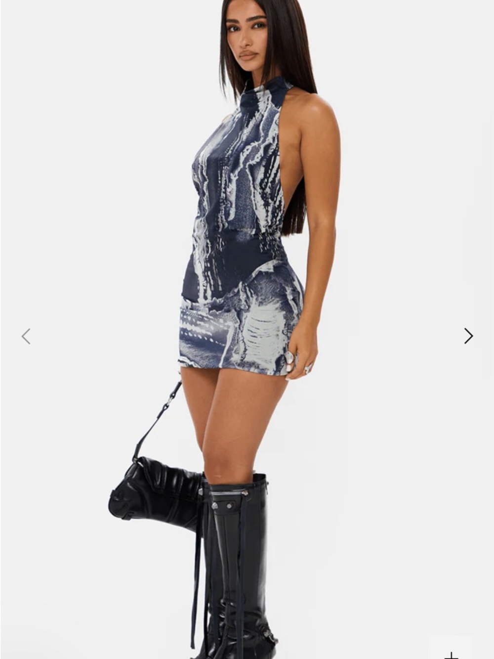 Navy Marble-Print Backless High-Neck Mini Dress